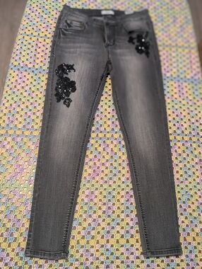 kensie Jeans Embellished Black Gray Women's Skinny Jeans Size 2 Black Roses